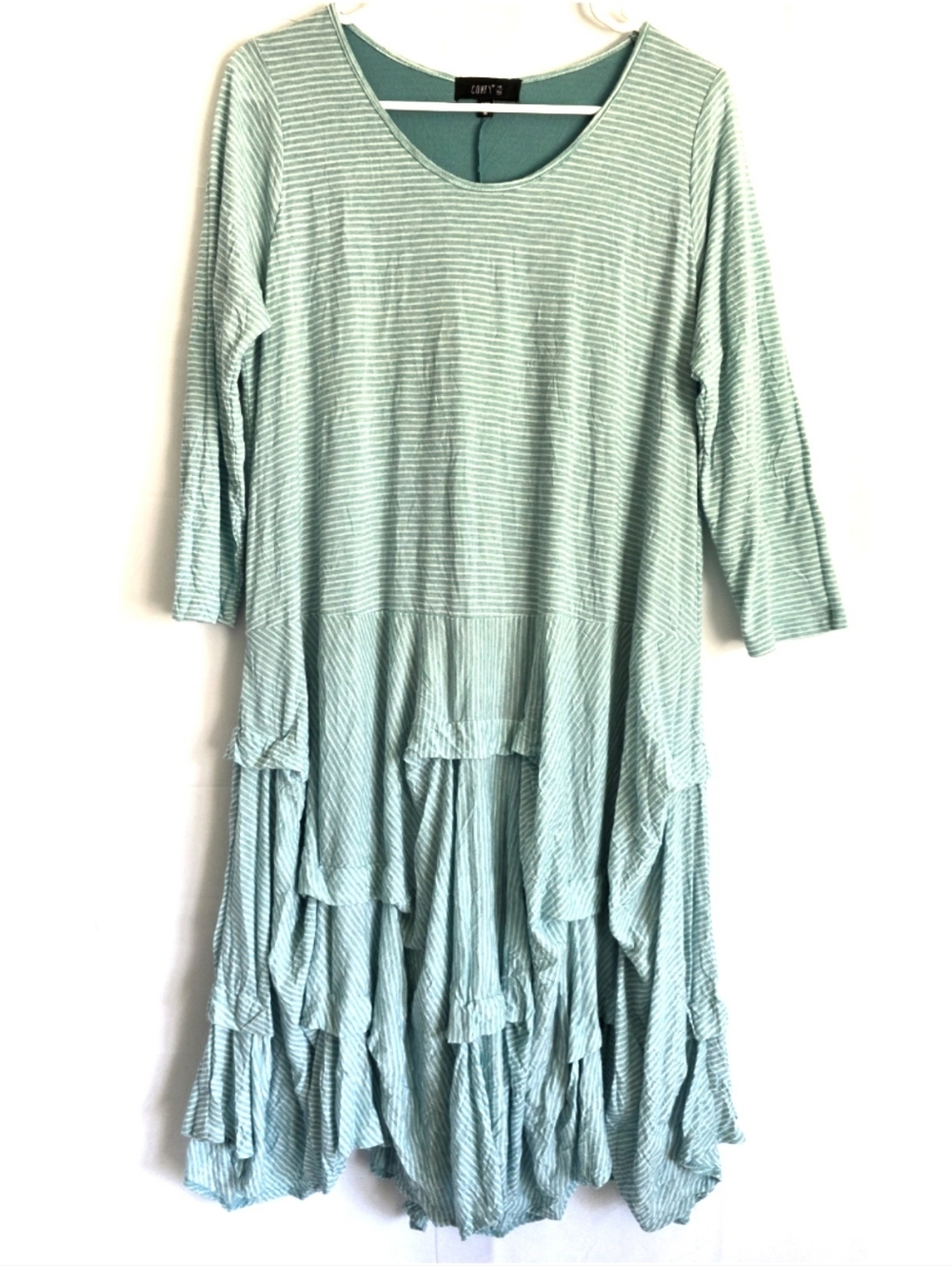 COMFY USA Soft Striped Mint Green Tiered Gathered Dress - Cotton Blend Lagenlook